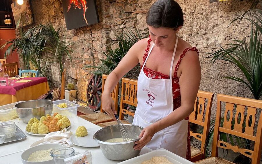 Taormina: Arancino Making Class with Drinks - Coating and cooking the arancini